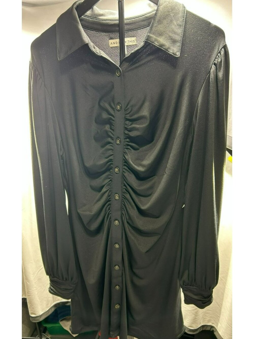 And Now This Black Button-Up Ruched Front Long Sleeve Shirt Dress XL
